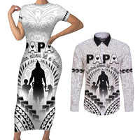 Personalised New Zealand Happy Father's Day Couples Matching Short Sleeve Bodycon Dress and Long Sleeve Button Shirt Aroha Ahau Ki A Koe Papa Polynesian Tribal LT05 White - Polynesian Pride