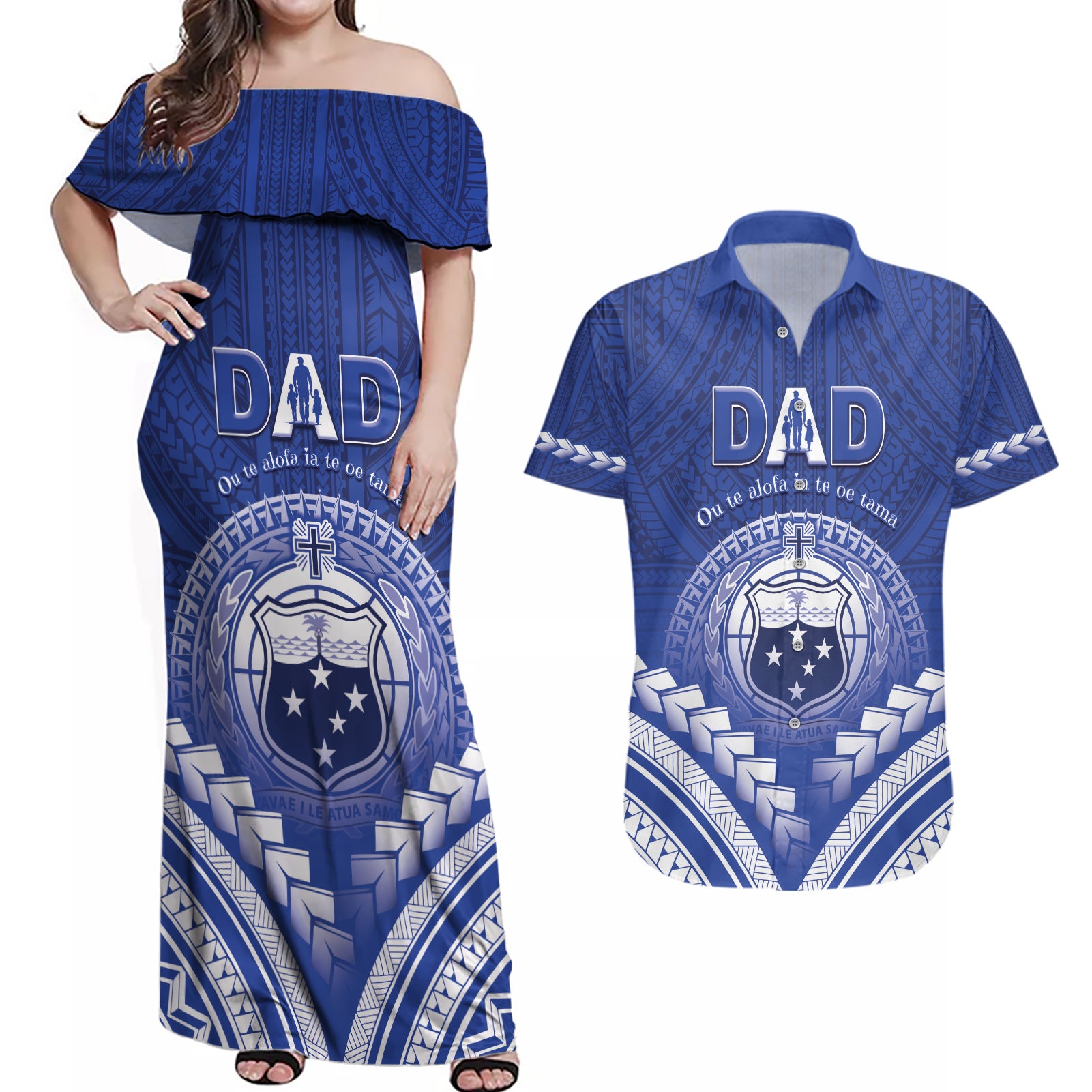 Personalised Samoa Happy Father's Day Couples Matching Off Shoulder Maxi Dress and Hawaiian Shirt Ou Te Alofa Ia Te Oe Tama Dad Polynesian Tribal