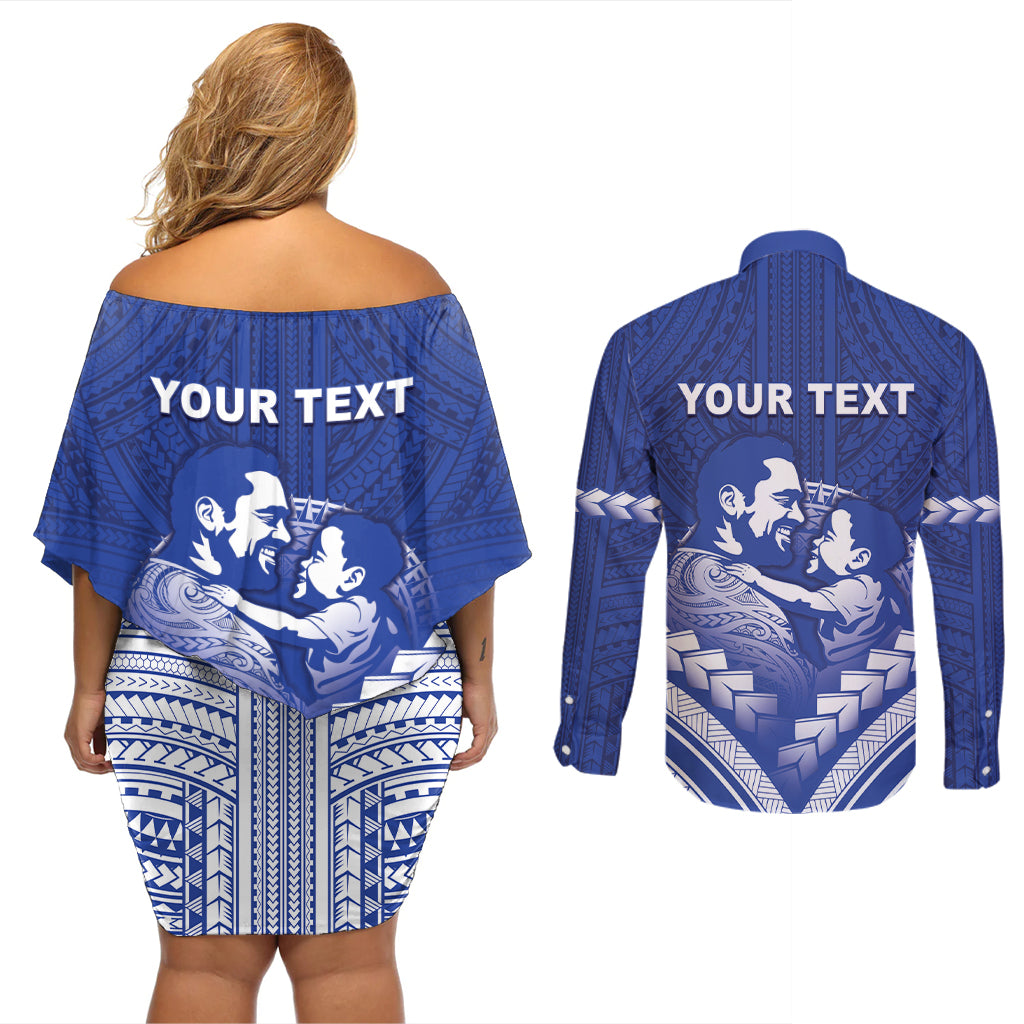 Personalised Samoa Happy Father's Day Couples Matching Off Shoulder Short Dress and Long Sleeve Button Shirt Ou Te Alofa Ia Te Oe Tama Dad Polynesian Tribal