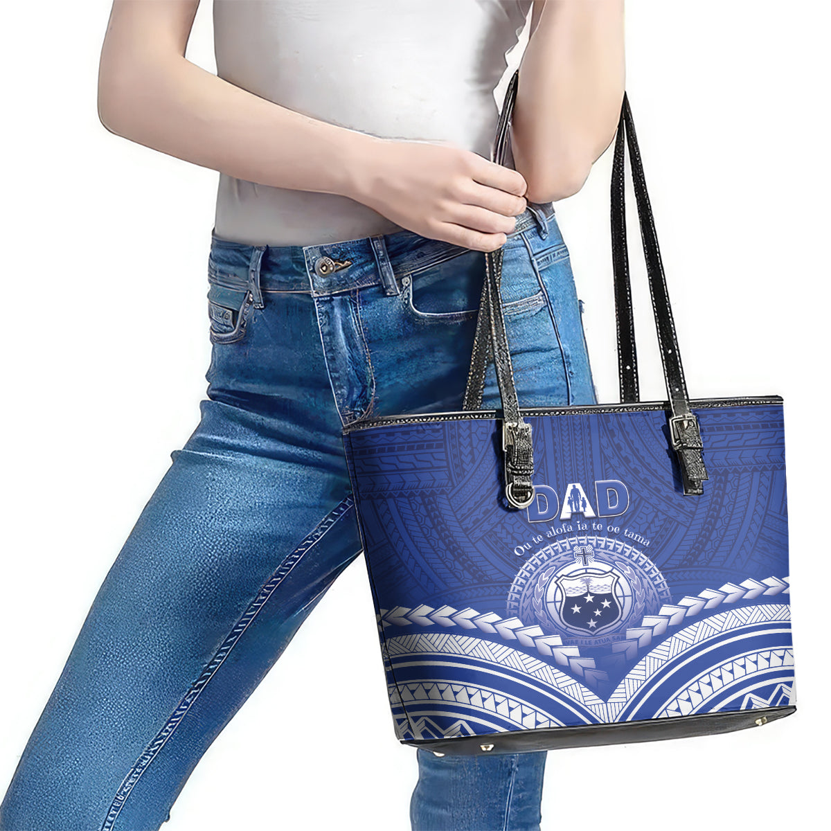 Samoa Happy Father's Day Leather Tote Bag Ou Te Alofa Ia Te Oe Tama Dad Polynesian Tribal