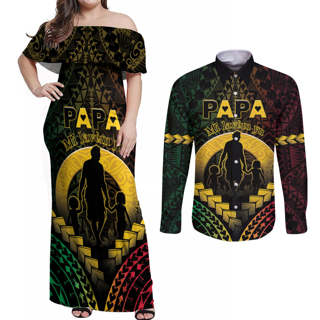 Personalised Vanuatu Happy Father's Day Couples Matching Off Shoulder Maxi Dress and Long Sleeve Button Shirt Mi Lavem Yu Papa Polynesian Tribal LT05 Reggae - Polynesian Pride