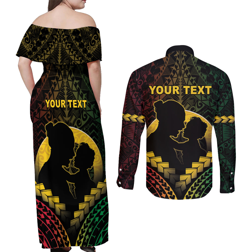 Personalised Vanuatu Happy Father's Day Couples Matching Off Shoulder Maxi Dress and Long Sleeve Button Shirt Mi Lavem Yu Papa Polynesian Tribal LT05 - Polynesian Pride