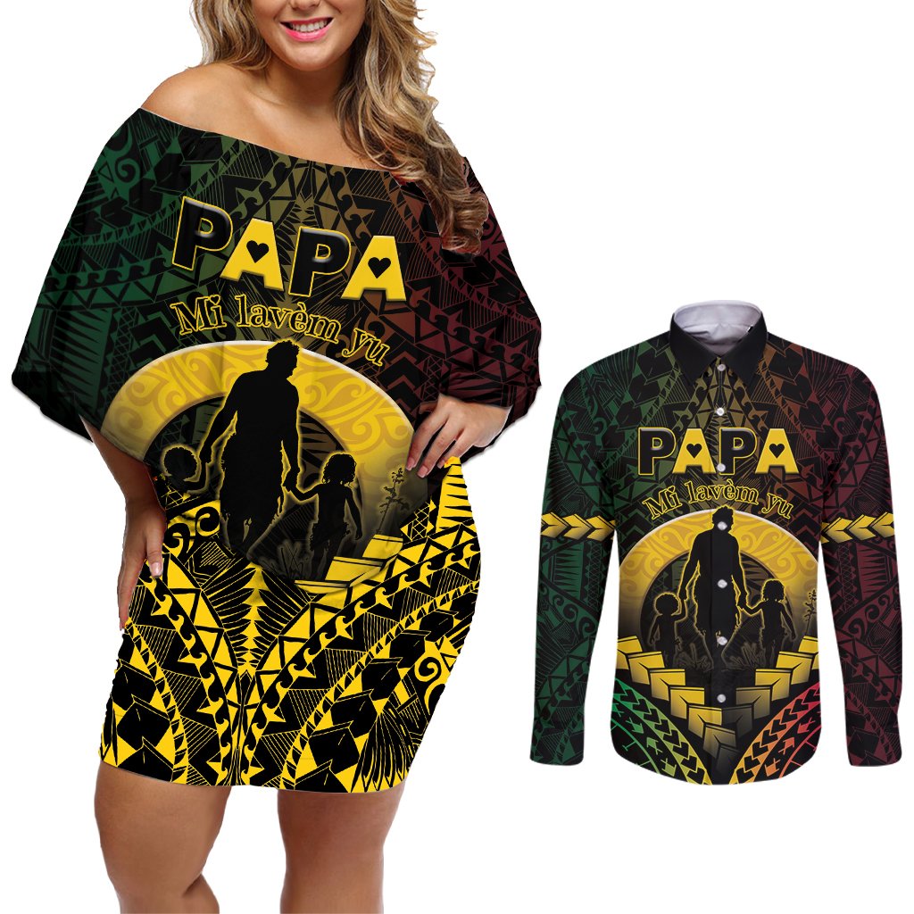 Personalised Vanuatu Happy Father's Day Couples Matching Off Shoulder Short Dress and Long Sleeve Button Shirt Mi Lavem Yu Papa Polynesian Tribal LT05 Reggae - Polynesian Pride