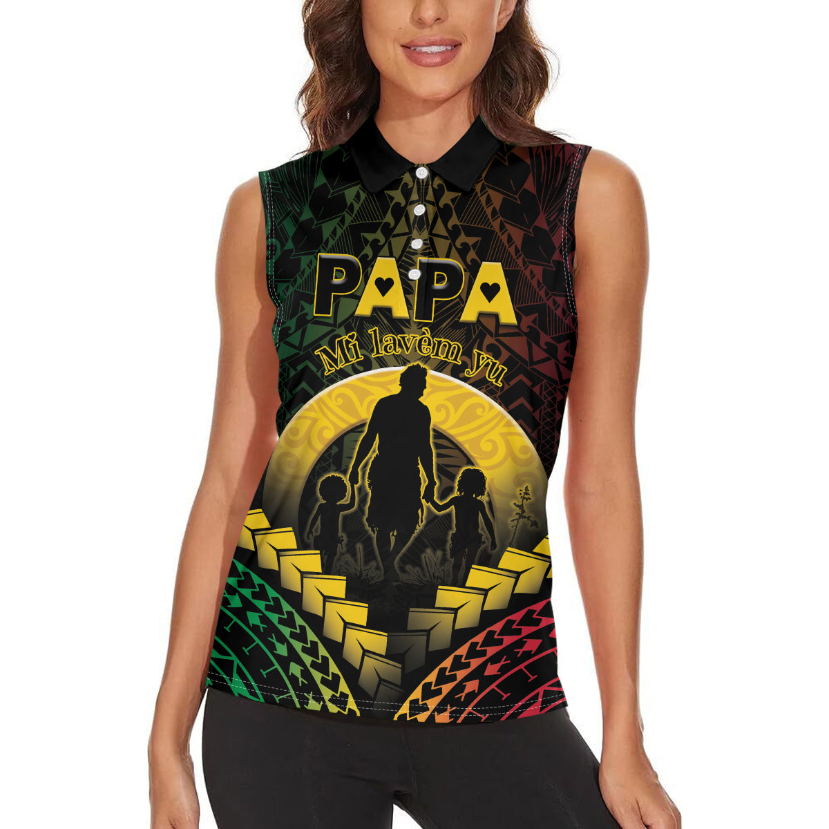 Personalised Vanuatu Happy Father's Day Women Sleeveless Polo Shirt Mi Lavem Yu Papa Polynesian Tribal LT05 - Polynesian Pride