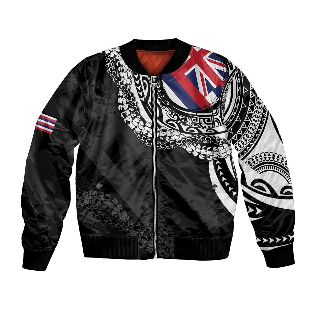 Hawaii Flag Day Bomber Jacket Hawaiian Maile Lei LT05 Unisex Black - Polynesian Pride