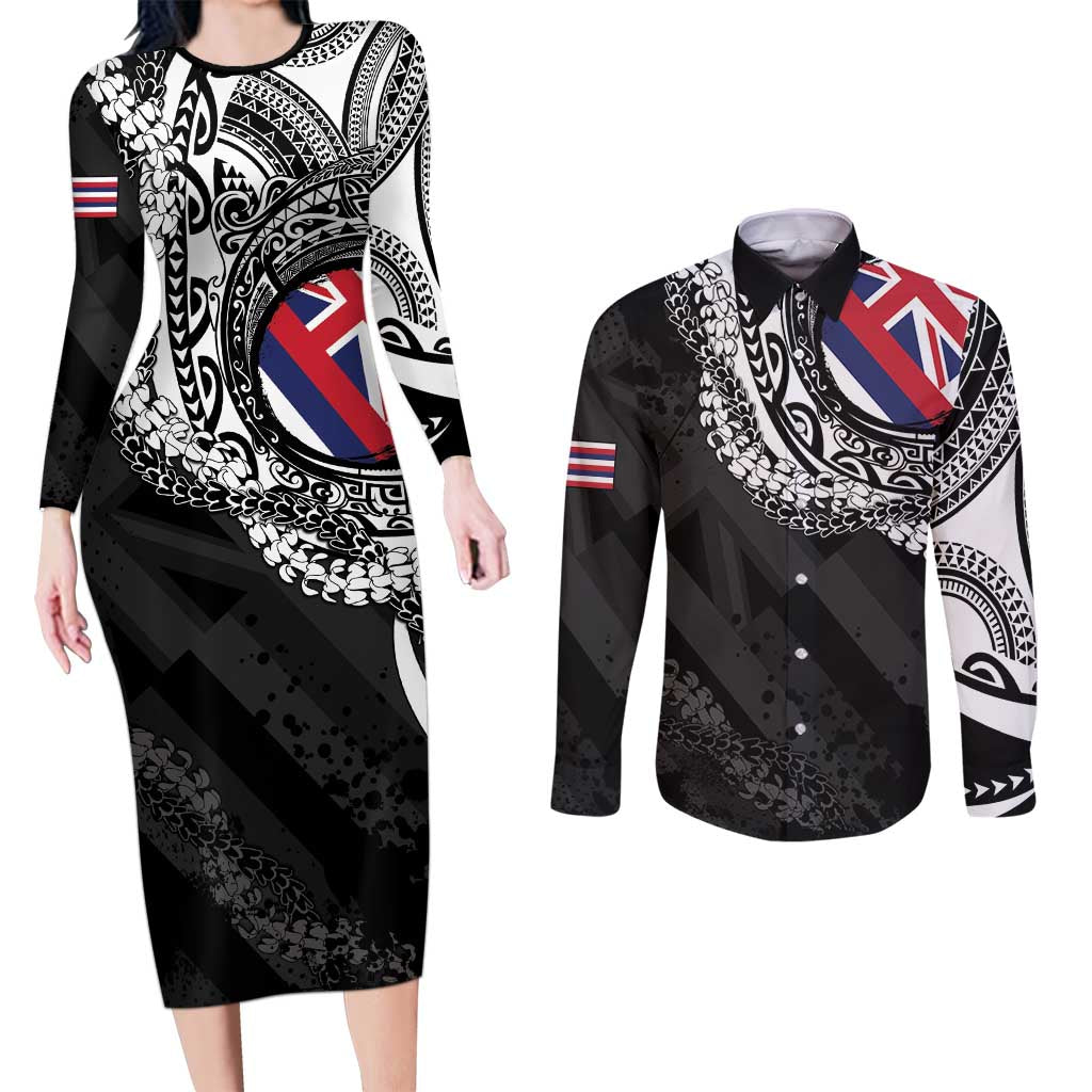 Hawaii Flag Day Couples Matching Long Sleeve Bodycon Dress and Long Sleeve Button Shirt Hawaiian Maile Lei