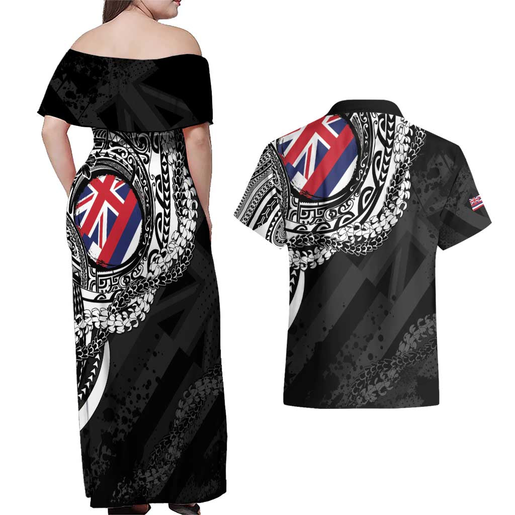 Hawaii Flag Day Couples Matching Off Shoulder Maxi Dress and Hawaiian Shirt Hawaiian Maile Lei