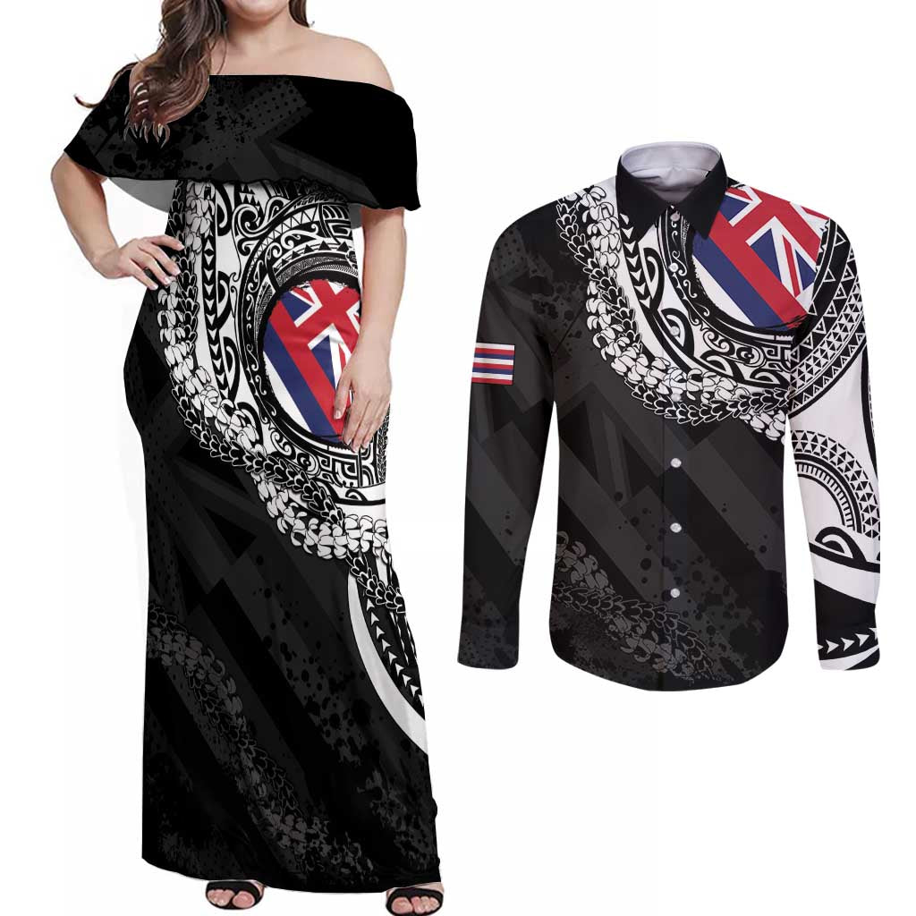 Hawaii Flag Day Couples Matching Off Shoulder Maxi Dress and Long Sleeve Button Shirt Hawaiian Maile Lei