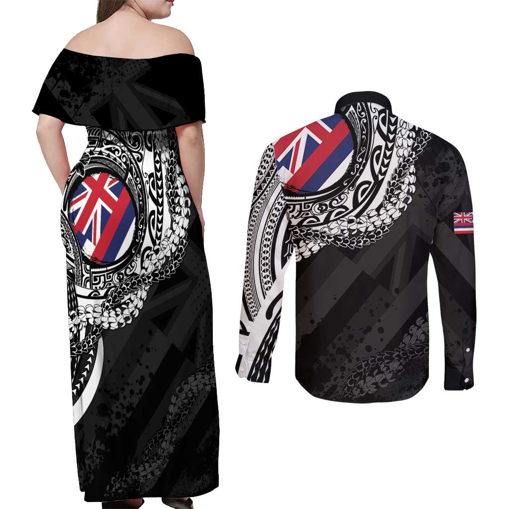 Hawaii Flag Day Couples Matching Off Shoulder Maxi Dress and Long Sleeve Button Shirt Hawaiian Maile Lei