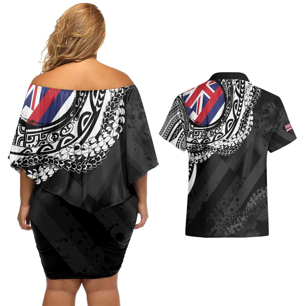 Hawaii Flag Day Couples Matching Off Shoulder Short Dress and Hawaiian Shirt Hawaiian Maile Lei