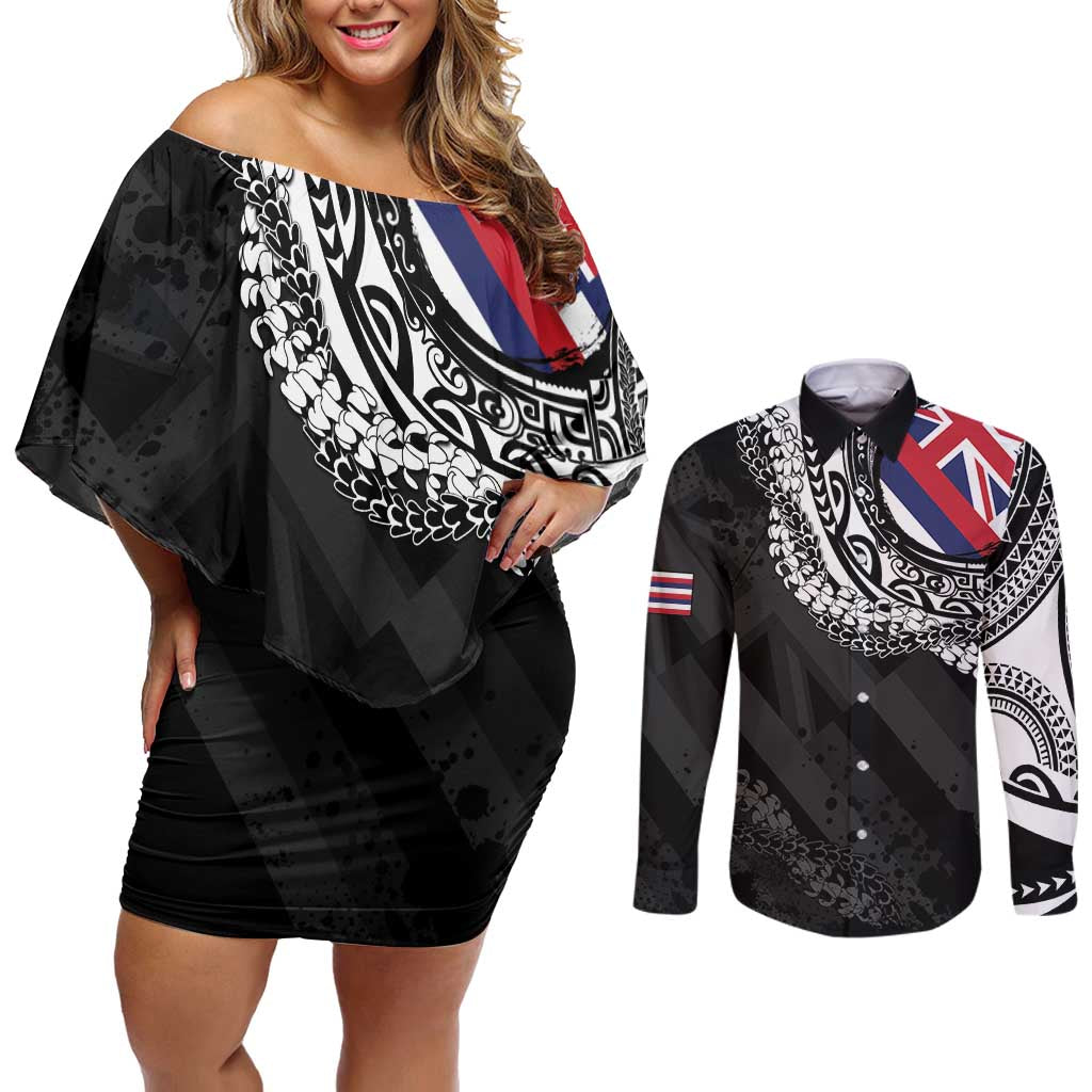 Hawaii Flag Day Couples Matching Off Shoulder Short Dress and Long Sleeve Button Shirt Hawaiian Maile Lei