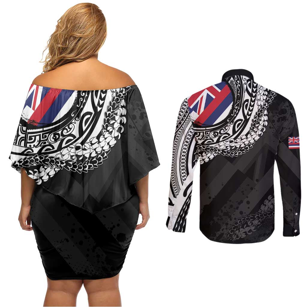 Hawaii Flag Day Couples Matching Off Shoulder Short Dress and Long Sleeve Button Shirt Hawaiian Maile Lei