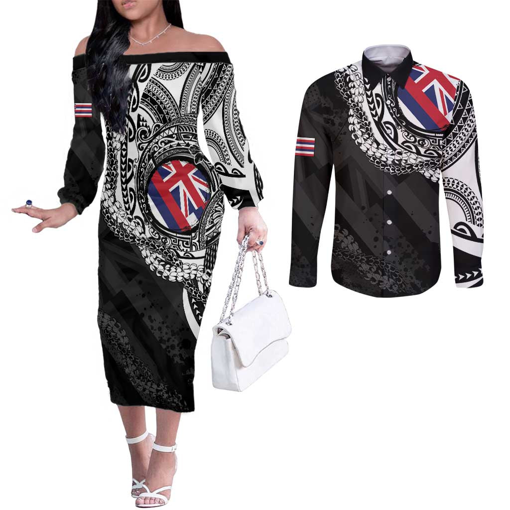 Hawaii Flag Day Couples Matching Off The Shoulder Long Sleeve Dress and Long Sleeve Button Shirt Hawaiian Maile Lei