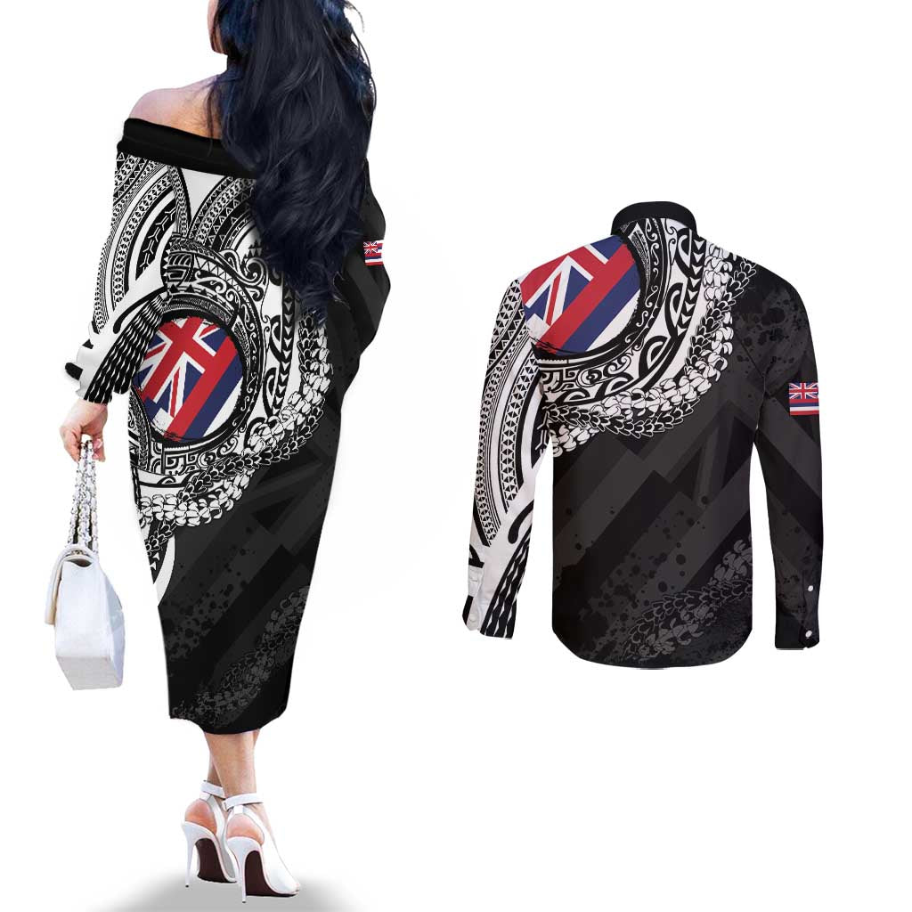 Hawaii Flag Day Couples Matching Off The Shoulder Long Sleeve Dress and Long Sleeve Button Shirt Hawaiian Maile Lei