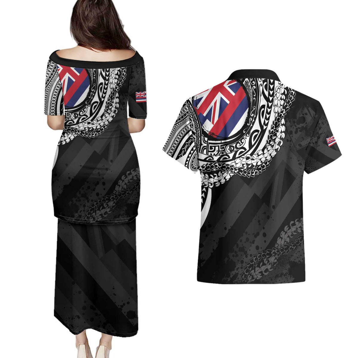 Hawaii Flag Day Couples Matching Puletasi and Hawaiian Shirt Hawaiian Maile Lei