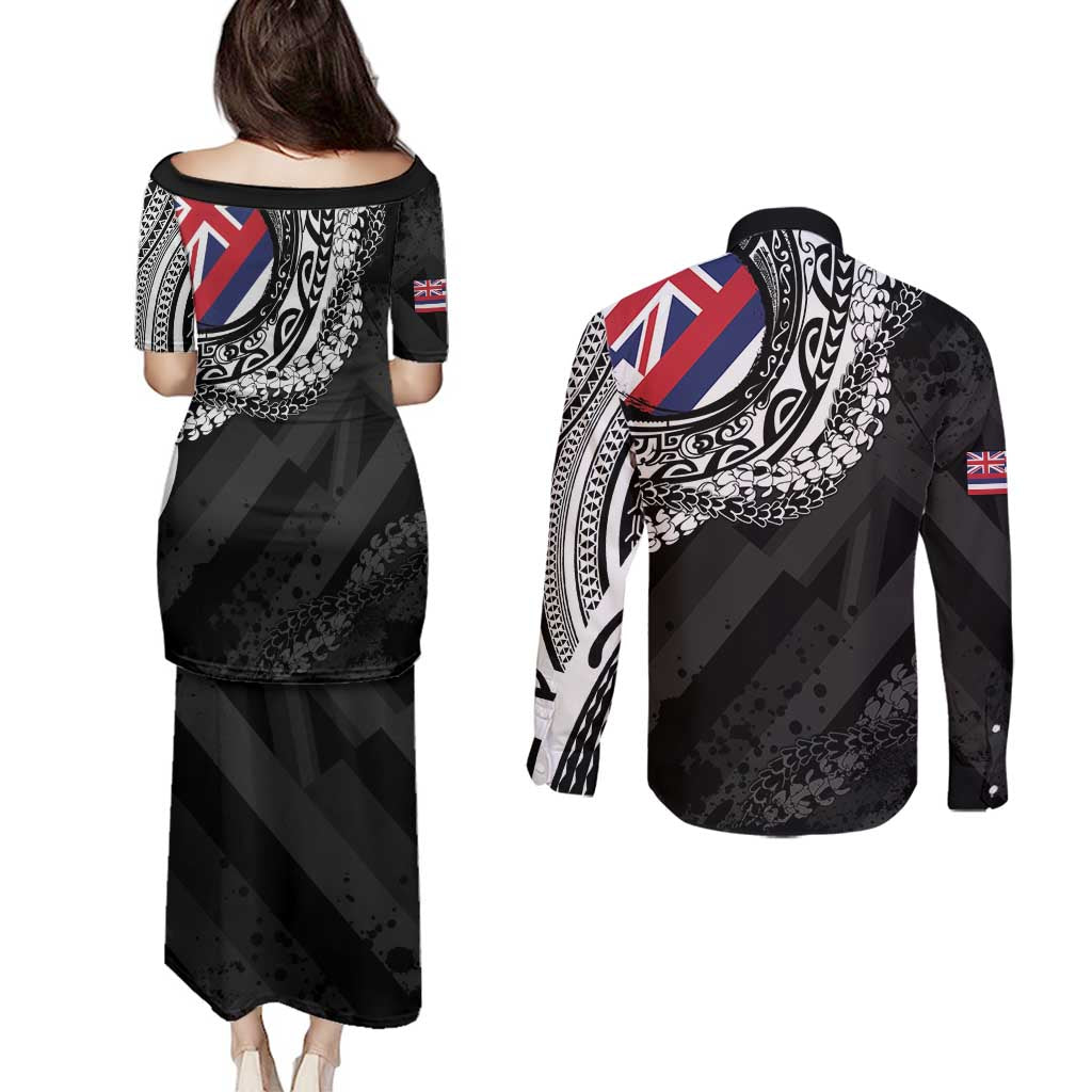 Hawaii Flag Day Couples Matching Puletasi and Long Sleeve Button Shirt Hawaiian Maile Lei