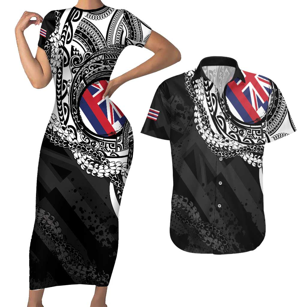 Hawaii Flag Day Couples Matching Short Sleeve Bodycon Dress and Hawaiian Shirt Hawaiian Maile Lei