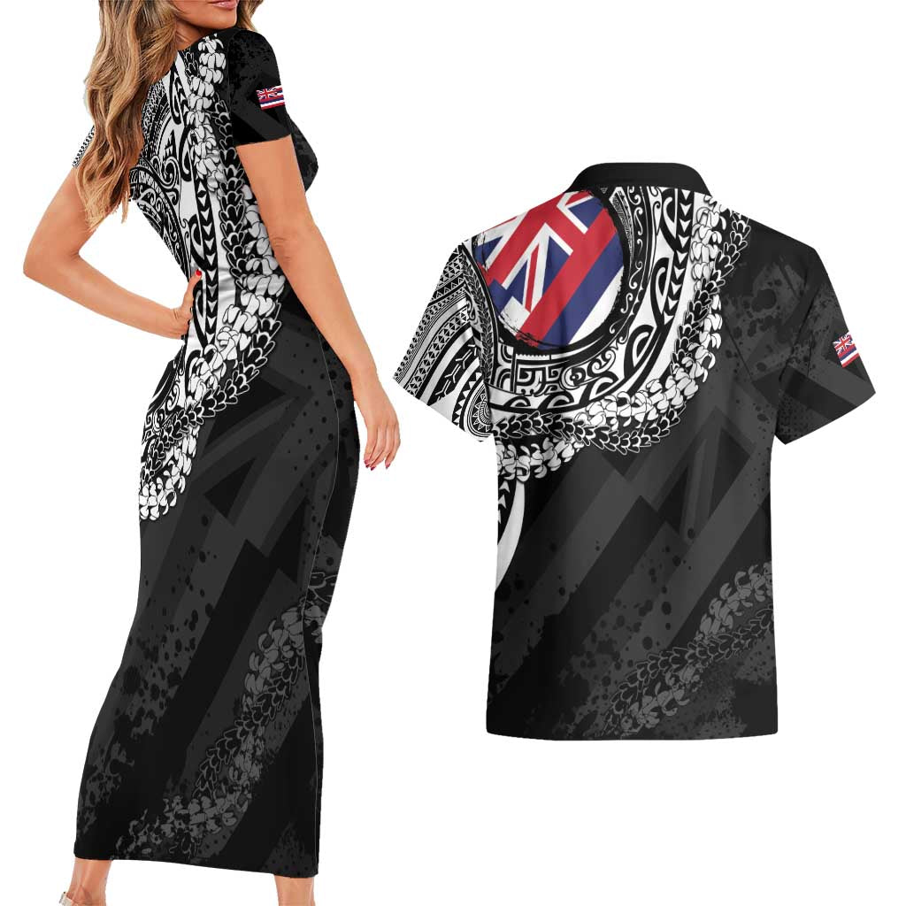 Hawaii Flag Day Couples Matching Short Sleeve Bodycon Dress and Hawaiian Shirt Hawaiian Maile Lei