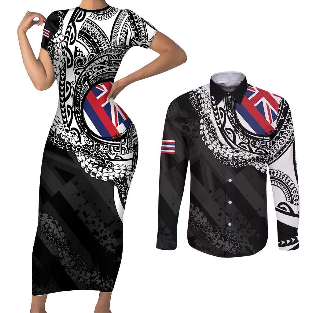 Hawaii Flag Day Couples Matching Short Sleeve Bodycon Dress and Long Sleeve Button Shirt Hawaiian Maile Lei