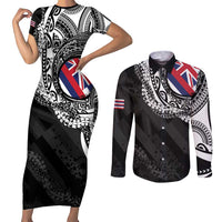 Hawaii Flag Day Couples Matching Short Sleeve Bodycon Dress and Long Sleeve Button Shirt Hawaiian Maile Lei