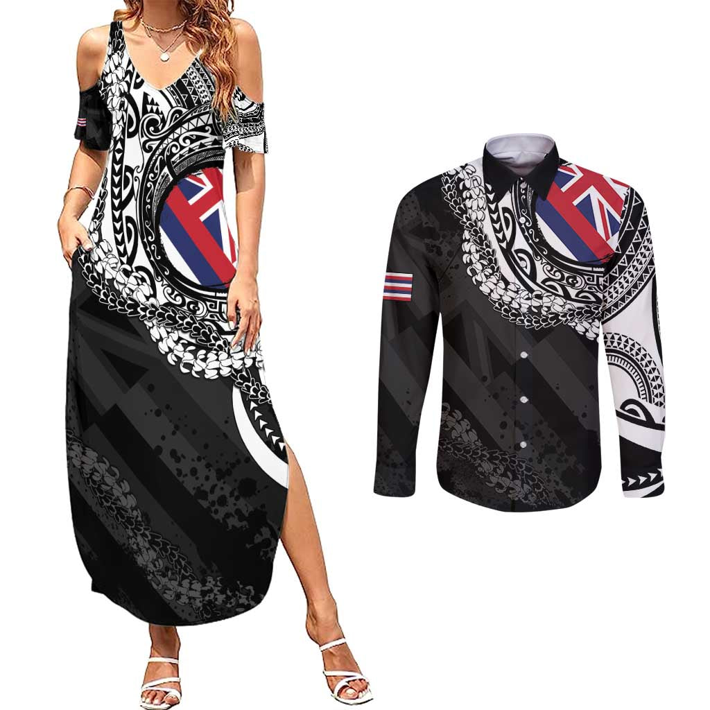 Hawaii Flag Day Couples Matching Summer Maxi Dress and Long Sleeve Button Shirt Hawaiian Maile Lei