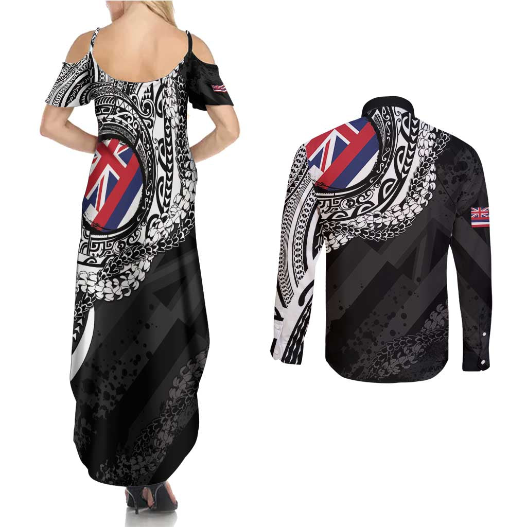 Hawaii Flag Day Couples Matching Summer Maxi Dress and Long Sleeve Button Shirt Hawaiian Maile Lei