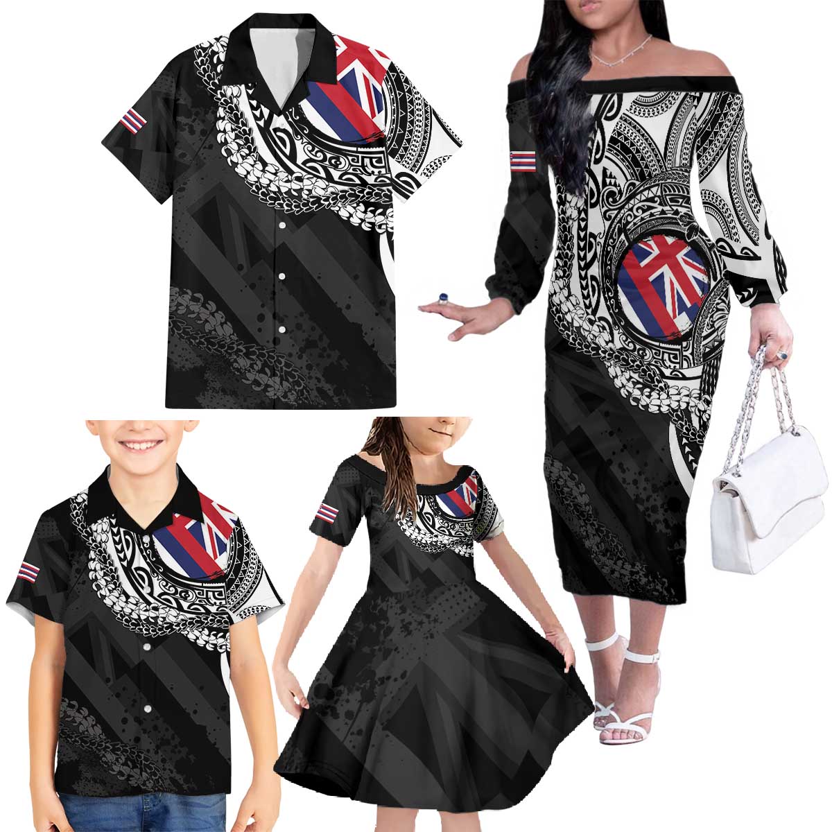 Hawaii Flag Day Family Matching Off The Shoulder Long Sleeve Dress and Hawaiian Shirt Hawaiian Maile Lei