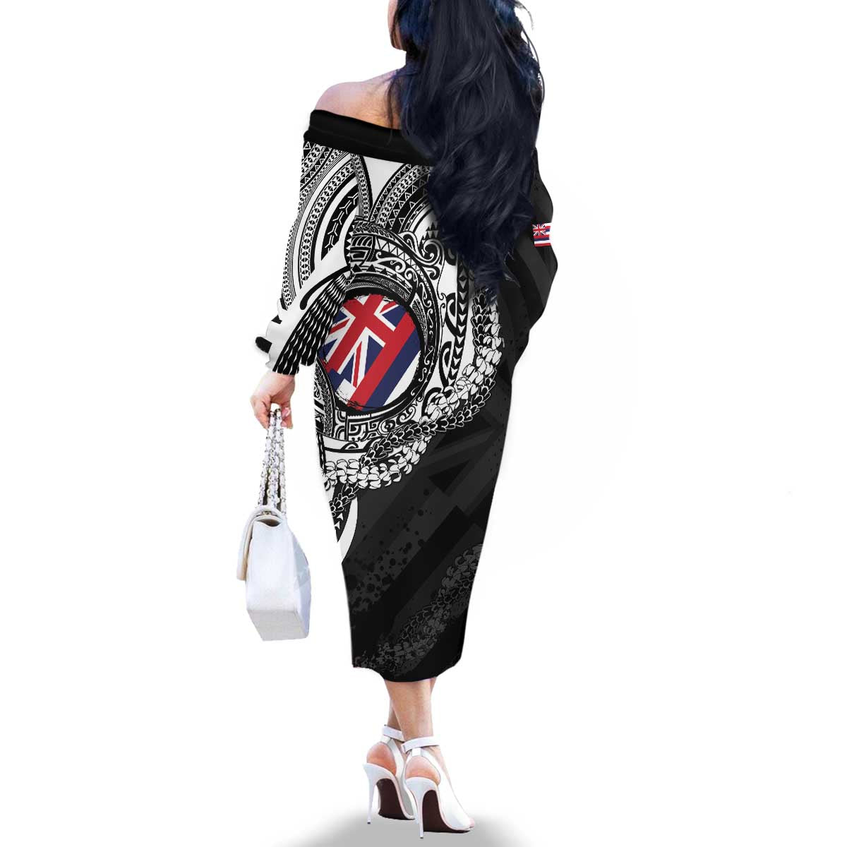 Hawaii Flag Day Family Matching Off The Shoulder Long Sleeve Dress and Hawaiian Shirt Hawaiian Maile Lei