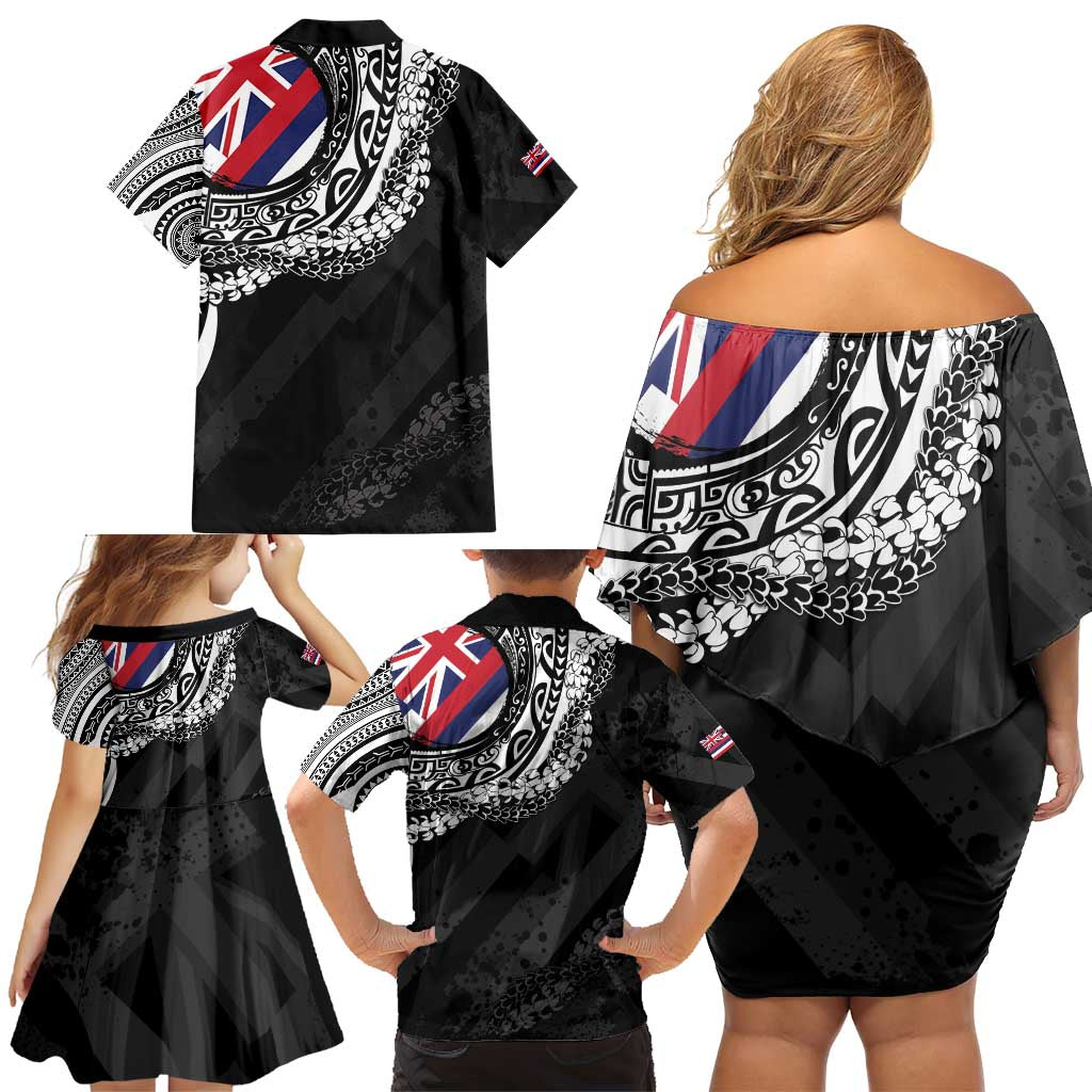 Hawaii Flag Day Family Matching Off Shoulder Short Dress and Hawaiian Shirt Hawaiian Maile Lei