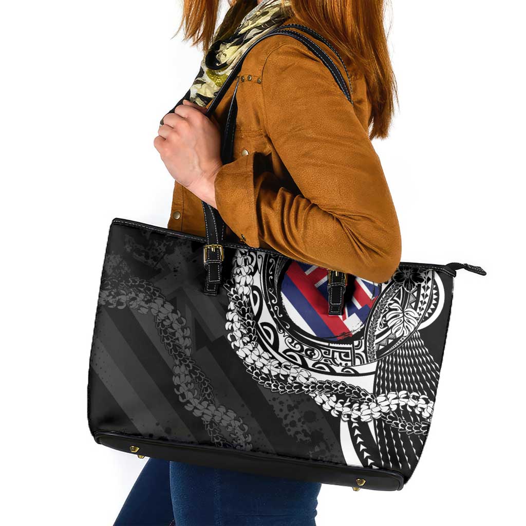 Hawaii Flag Day Leather Tote Bag Hawaiian Maile Lei LT05 Black - Polynesian Pride