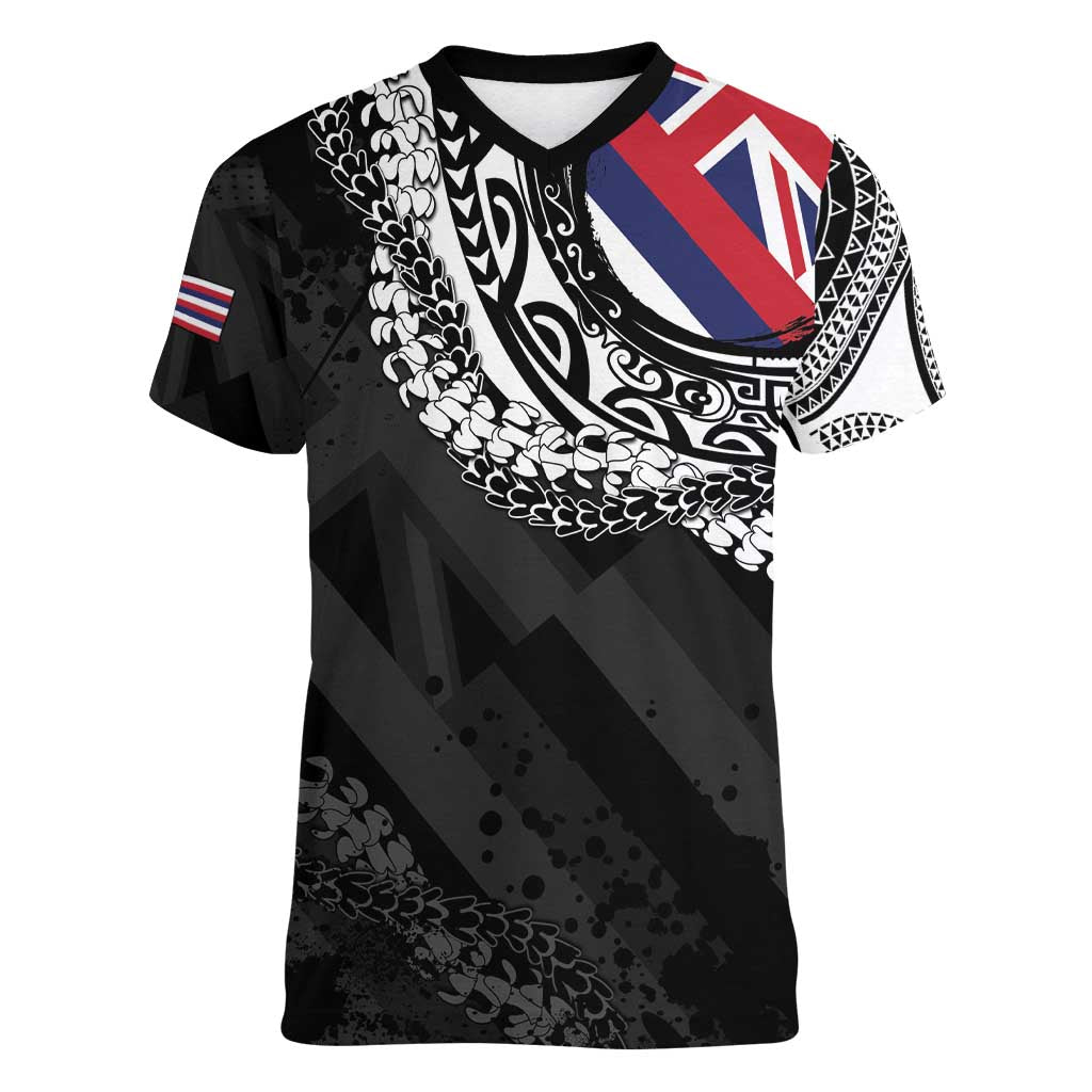 Hawaii Flag Day Women V-Neck T-Shirt Hawaiian Maile Lei