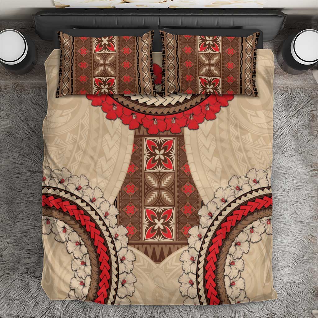 Samoa Language Week Bedding Set Samoan Motif With Red Hibiscus