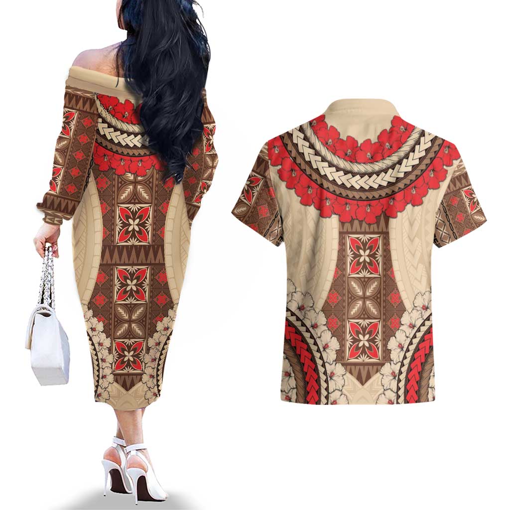 Samoa Language Week Couples Matching Off The Shoulder Long Sleeve Dress and Hawaiian Shirt Samoan Motif With Red Hibiscus