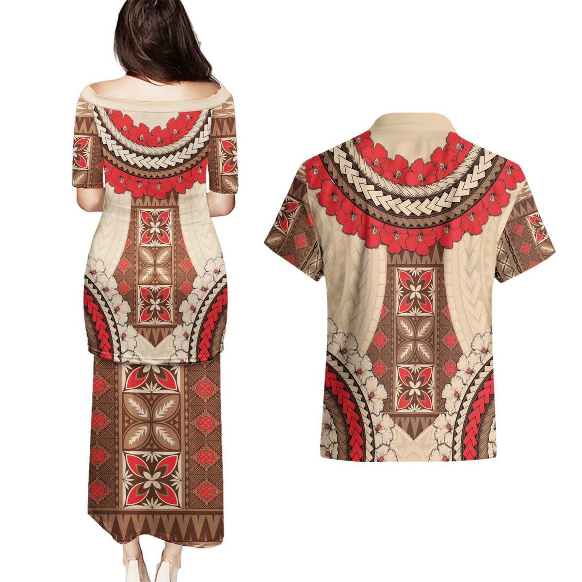Samoa Language Week Couples Matching Puletasi and Hawaiian Shirt Samoan Motif With Red Hibiscus