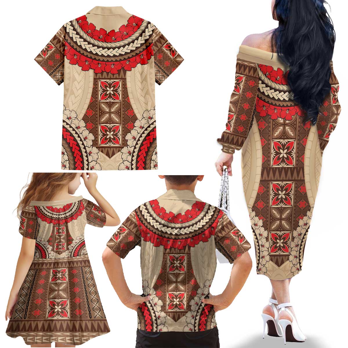 Samoa Language Week Family Matching Off The Shoulder Long Sleeve Dress and Hawaiian Shirt Samoan Motif With Red Hibiscus