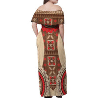 Samoa Language Week Family Matching Off Shoulder Maxi Dress and Hawaiian Shirt Samoan Motif With Red Hibiscus