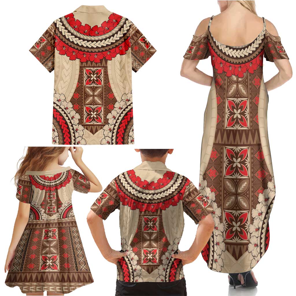 Samoa Language Week Family Matching Summer Maxi Dress and Hawaiian Shirt Samoan Motif With Red Hibiscus