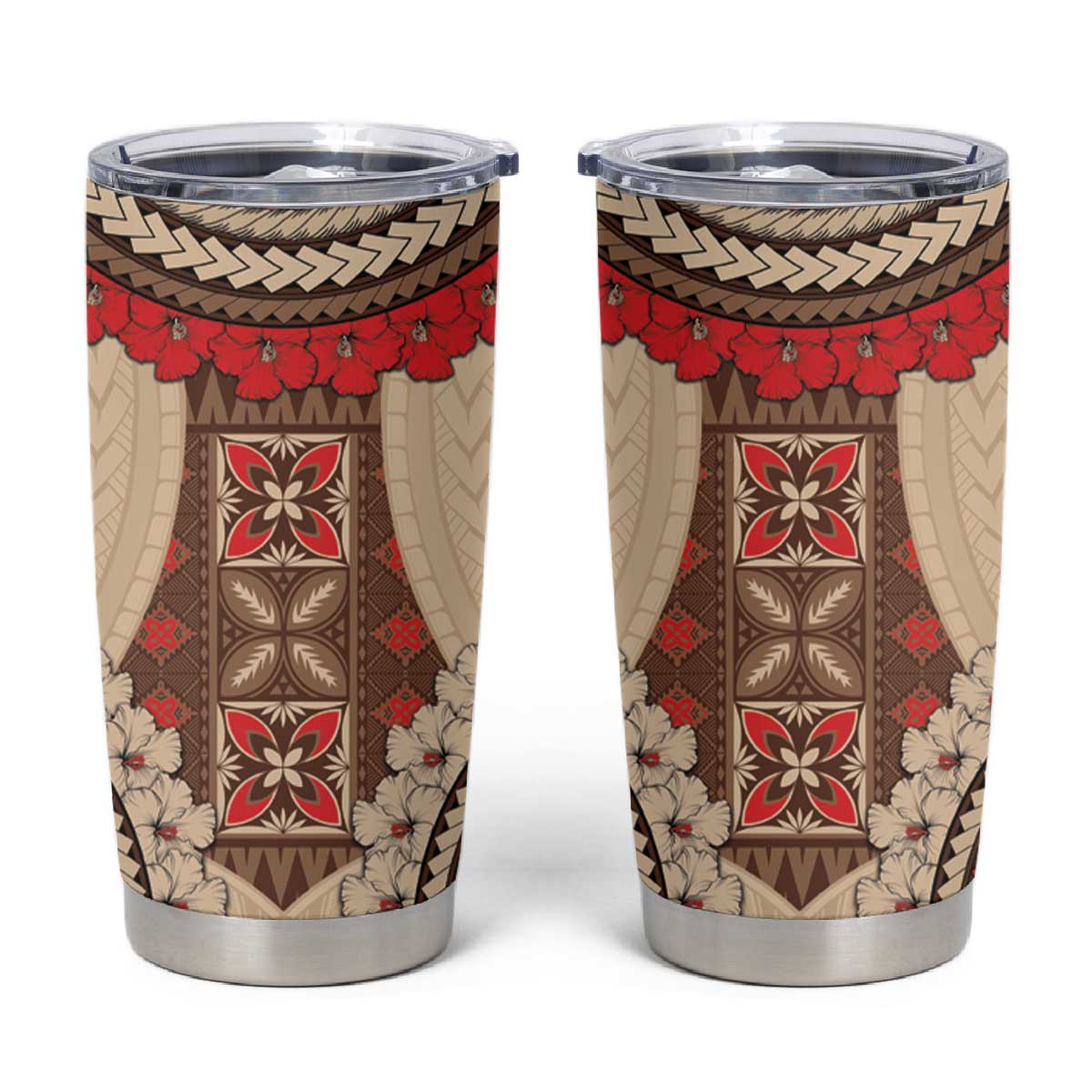 Samoa Language Week Tumbler Cup Samoan Motif With Red Hibiscus