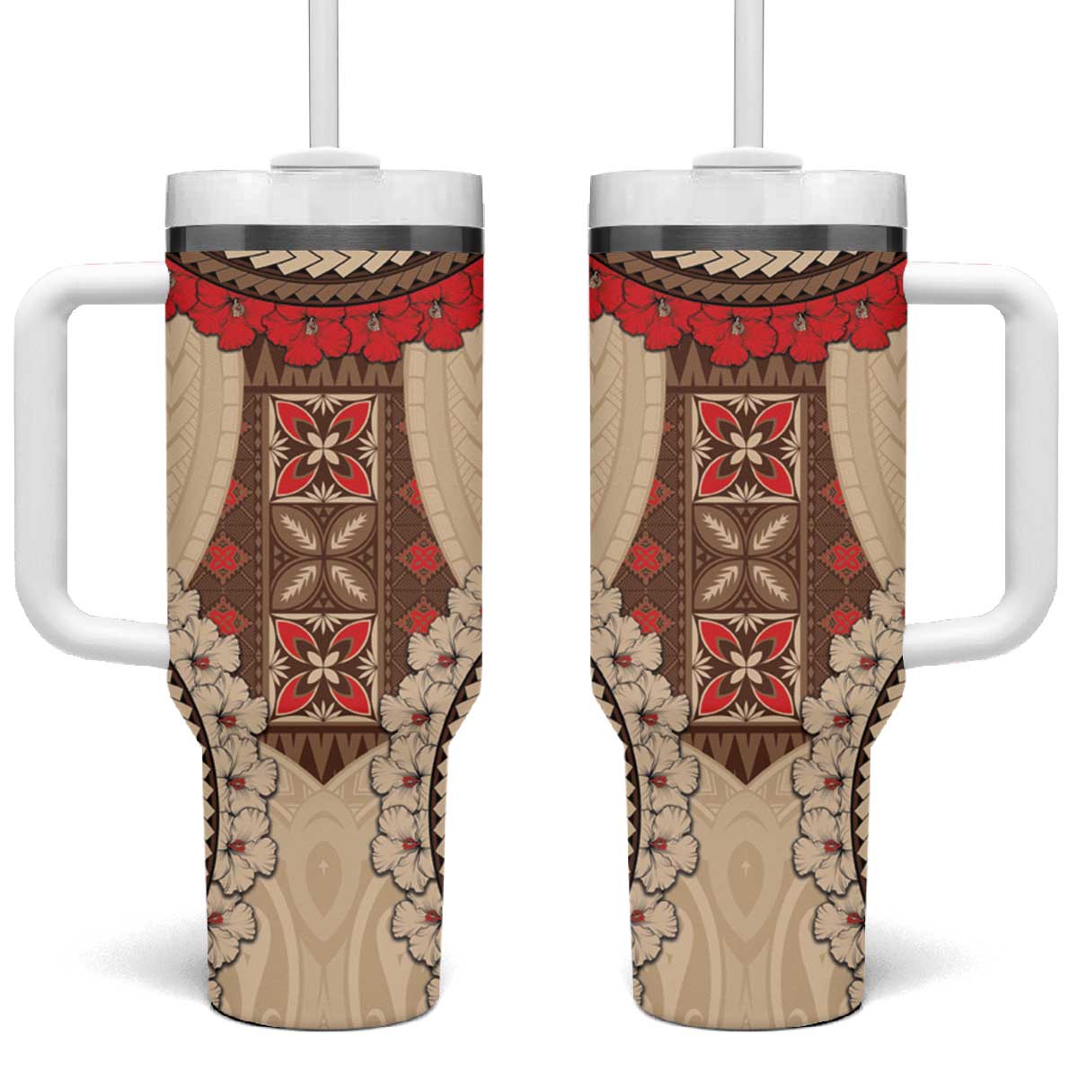 Samoa Language Week Tumbler With Handle Samoan Motif With Red Hibiscus