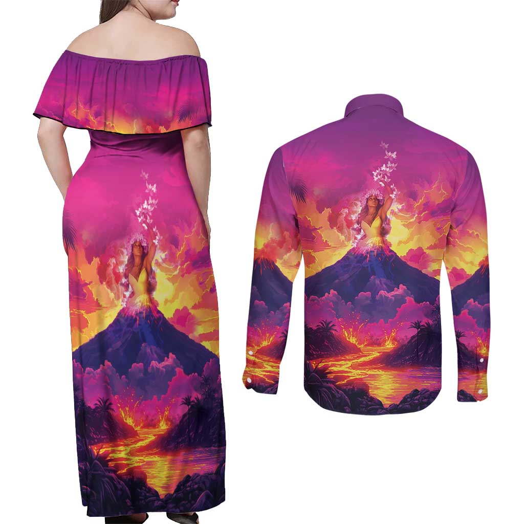 Hawaii Kilauea Volcano Couples Matching Off Shoulder Maxi Dress and Long Sleeve Button Shirt There Is Pele Goddess Of The Volcano LT05 - Polynesian Pride