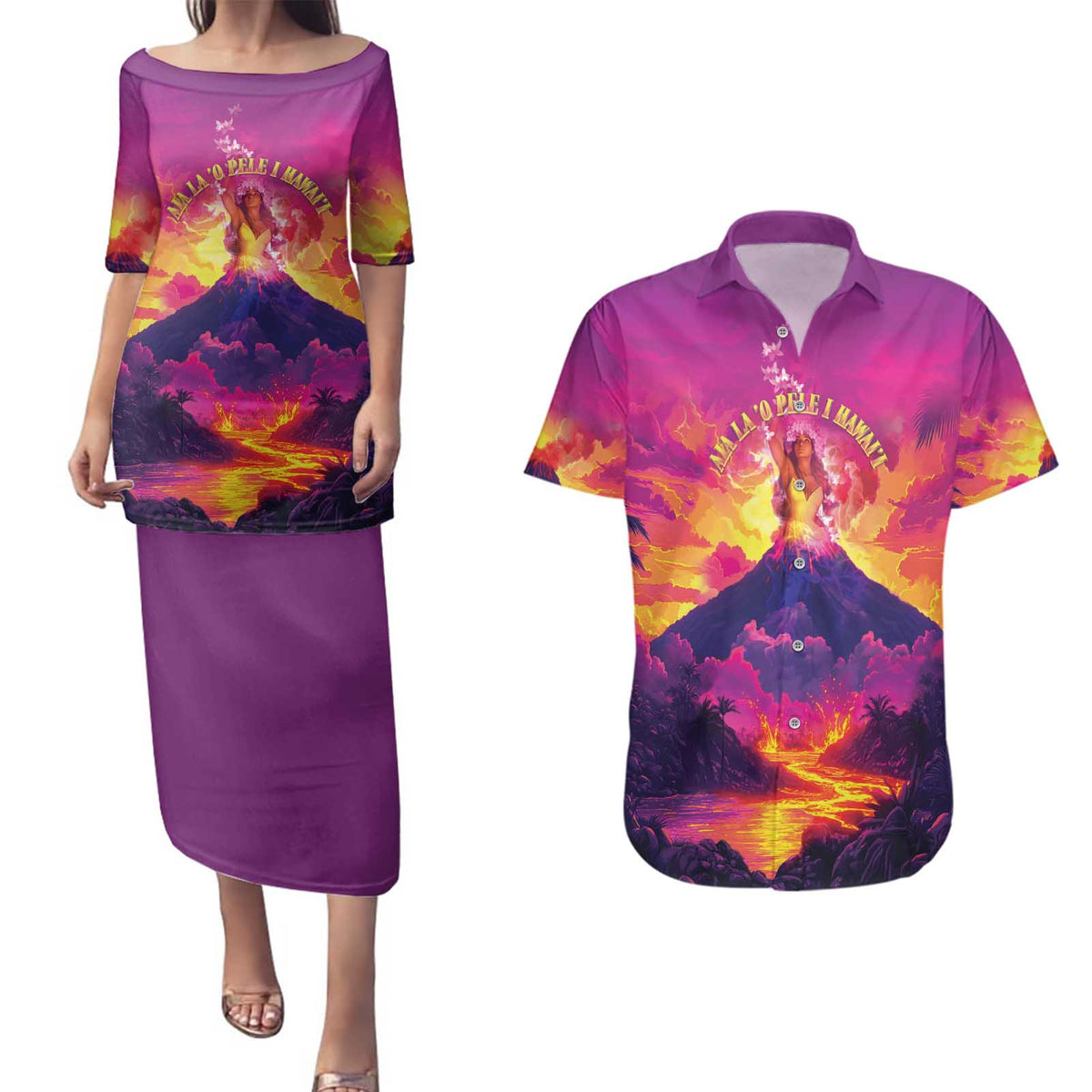 Hawaii Kilauea Volcano Couples Matching Puletasi and Hawaiian Shirt There Is Pele Goddess Of The Volcano LT05 Purple - Polynesian Pride