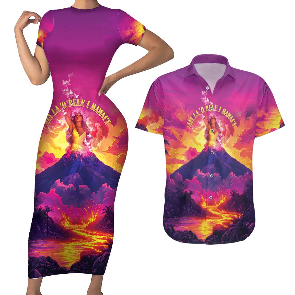 Hawaii Kilauea Volcano Couples Matching Short Sleeve Bodycon Dress and Hawaiian Shirt There Is Pele Goddess Of The Volcano LT05 Purple - Polynesian Pride