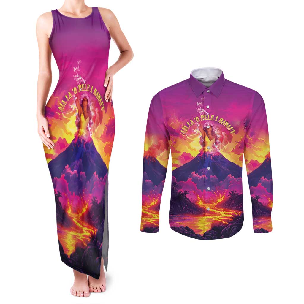 Hawaii Kilauea Volcano Couples Matching Tank Maxi Dress and Long Sleeve Button Shirt There Is Pele Goddess Of The Volcano LT05 Purple - Polynesian Pride