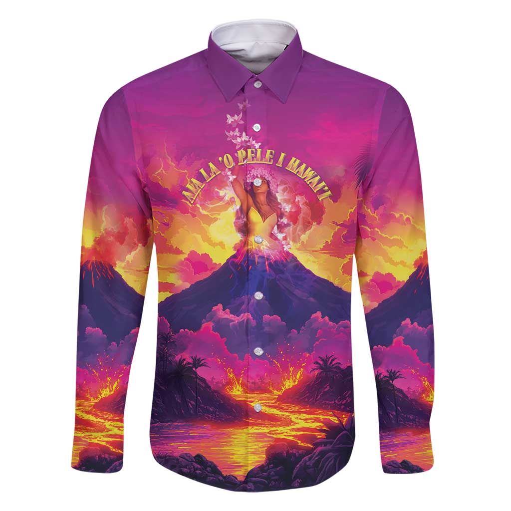 Hawaii Kilauea Volcano Family Matching Long Sleeve Bodycon Dress and Hawaiian Shirt There Is Pele Goddess Of The Volcano LT05 Dad's Shirt - Long Sleeve Purple - Polynesian Pride