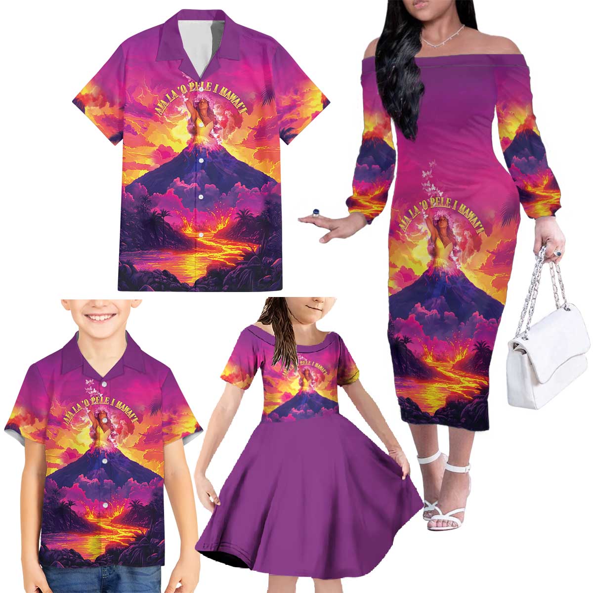Hawaii Kilauea Volcano Family Matching Off The Shoulder Long Sleeve Dress and Hawaiian Shirt There Is Pele Goddess Of The Volcano - Polynesian Pride