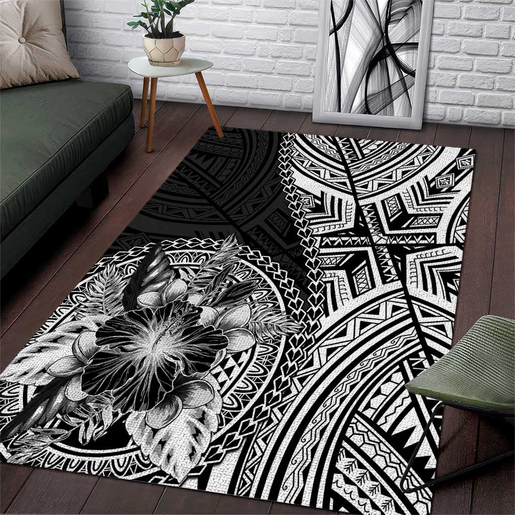 Hibiscus With Black Austronesian Tattoo Pattern Area Rug LT05 Black - Polynesian Pride