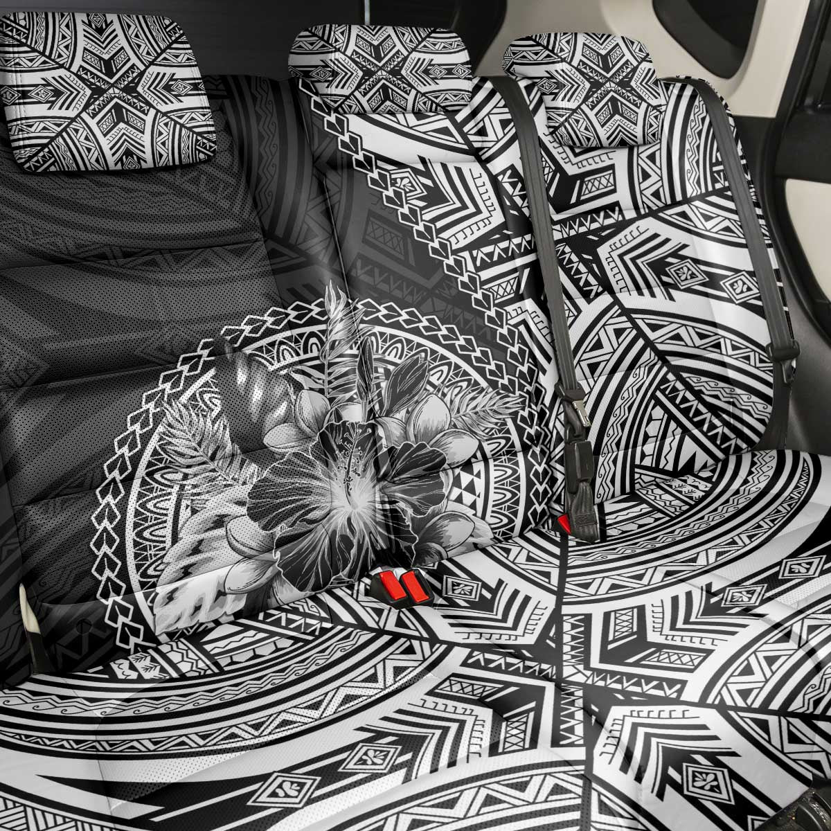 Hibiscus With Black Austronesian Tattoo Pattern Back Car Seat Cover - Polynesian Pride