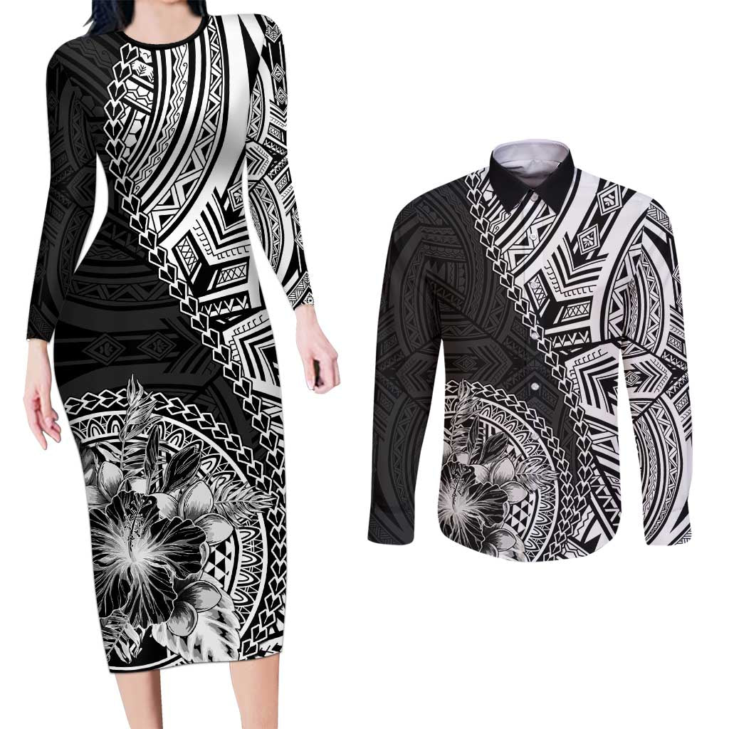 Hibiscus With Black Austronesian Tattoo Pattern Couples Matching Long Sleeve Bodycon Dress and Long Sleeve Button Shirt - Polynesian Pride