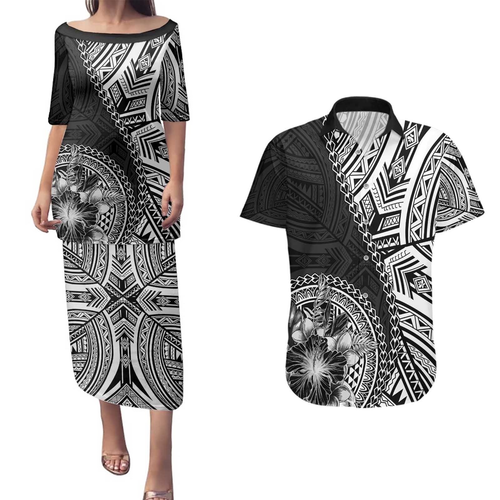 Hibiscus With Black Austronesian Tattoo Pattern Couples Matching Puletasi and Hawaiian Shirt - Polynesian Pride