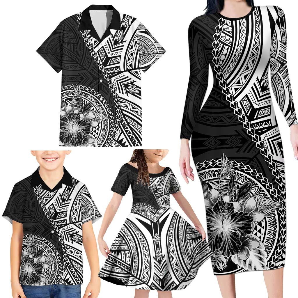 Hibiscus With Black Austronesian Tattoo Pattern Family Matching Long Sleeve Bodycon Dress and Hawaiian Shirt LT05 - Polynesian Pride